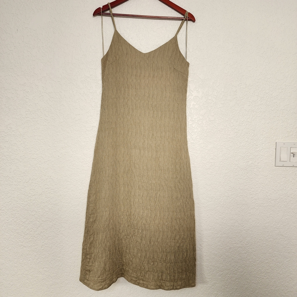Mod Ref Beige Crinkled Midi Dress Size M Minimalist Neutral Side Zip Fitted